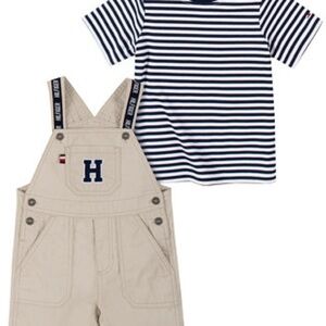 Tommy Hilfiger Kids Tan Overalls with Navy Striped Shirt